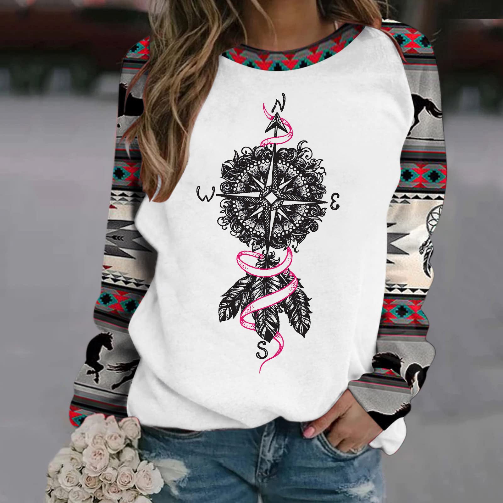 Wholesale Polyester Fiber Retro Geometric 3D Printed Long Sleeved Round Neck Hoodie